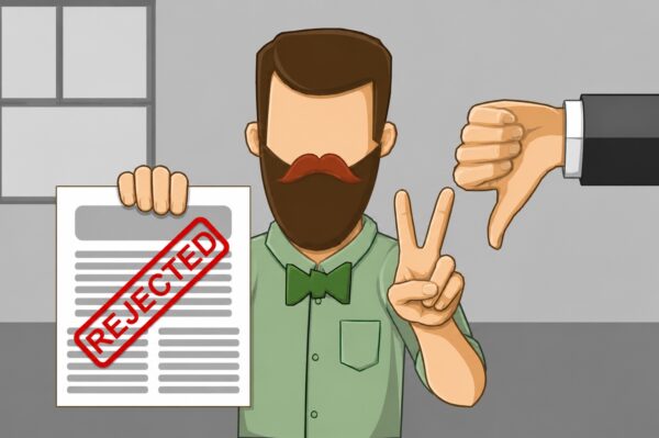 Man holding document stamped REJECTED whilst making peace sign, with thumbs down gesture from another person visible.
