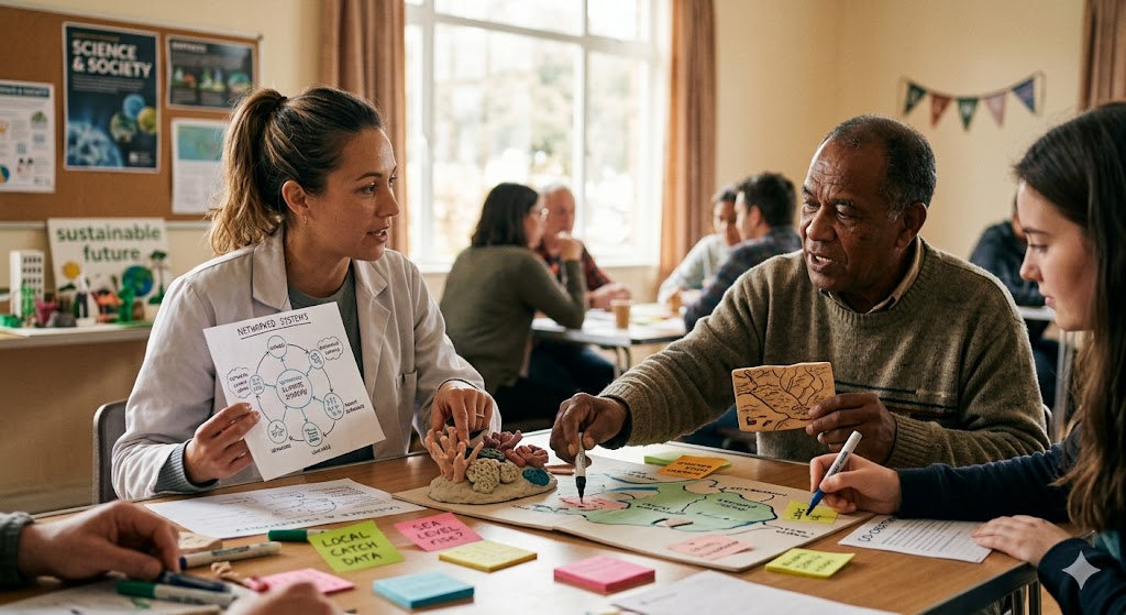 Three people collaborate around a table with diagrams, sticky notes and research materials in a bright classroom setting with educational posters.
