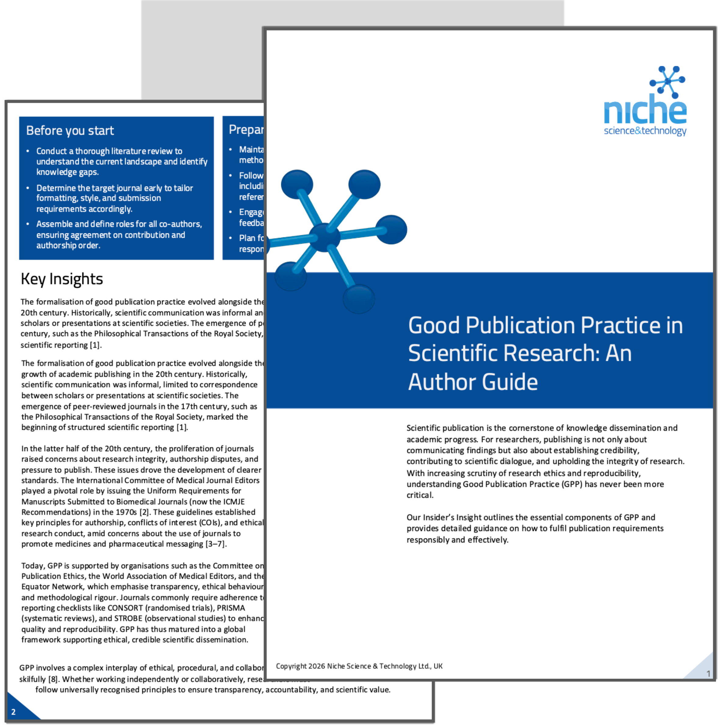 A guide cover and page showing Good Publication Practice in Scientific Research: An Author Guide with blue design elements, key insights text, and preparation steps.