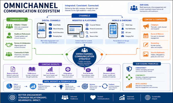 Diagram showing omnichannel communication ecosystem with stakeholders, digital channels, content types, and data feedback loops for healthcare organisations.