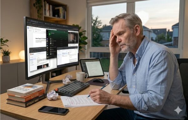 Middle-aged man in blue shirt looking stressed whilst working at desk with computer monitor, tablet, papers and coffee mug in home office.