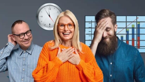 Three office workers displaying different emotions - a smiling man in glasses, a cheerful woman in orange jumper, and a stressed bearded man.
