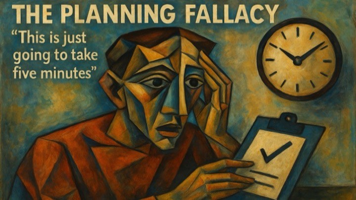Cubist-style illustration of a person holding their head whilst looking at a tablet, with a clock showing time passing, depicting the planning fallacy concept.