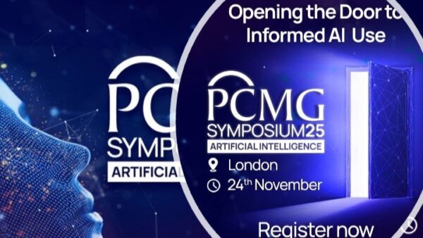 PCMG Symposium 25 event banner for artificial intelligence conference in London on 24th November, featuring blue tech design and open door imagery.