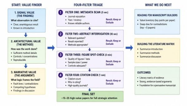 Flowchart showing a systematic review process with value finder stage, four-filter triage system, and next steps for manuscript building and literature matrix creation.