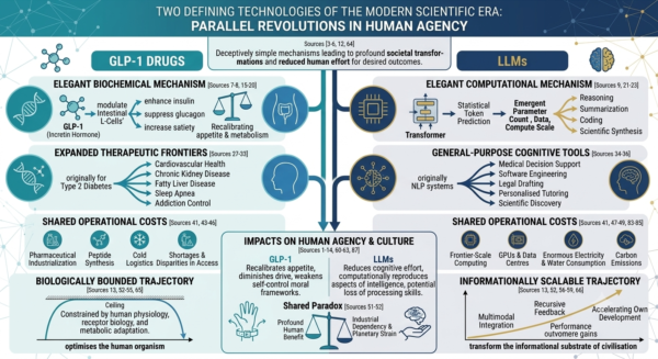 Infographic comparing GLP-1 drugs and large language models as parallel technological revolutions, showing their mechanisms, applications, costs and impacts on human agency.