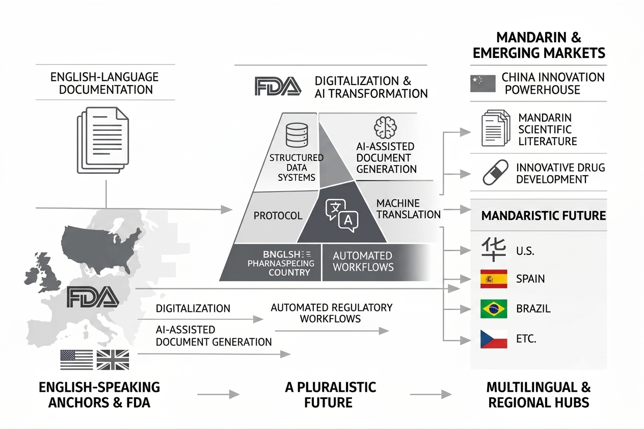 Flowchart showing FDA digitalization process from English documentation through AI transformation to multilingual regulatory workflows for global markets including China, US, Spain and Brazil.