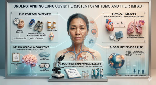 Medical infographic showing Long COVID symptoms including fatigue, brain fog, breathing issues, and neurological effects, with statistics on global incidence and treatment approaches.