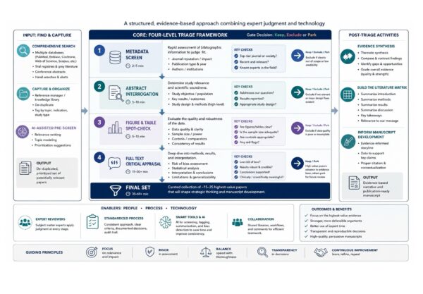 A flowchart showing a four-level research triage framework with stages from metadata screening to full text appraisal, including input methods, key checks, and post-triage activities for systematic literature review.